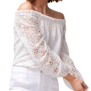 WHBM Off the Shoulder Eyelet Blouse Long Sleeve Pure White Size S